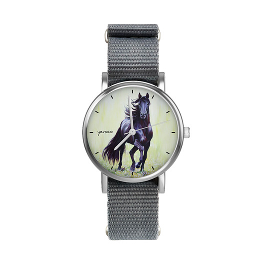 zegarki unisex Zegarek  mały - Czarny koń malowany - nylonowy, szary