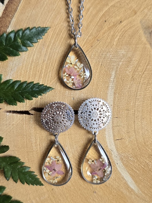 komplet biżuterii Komplet zawieszka i kolczyki srebrny prawdziwy różowe kwiaty
