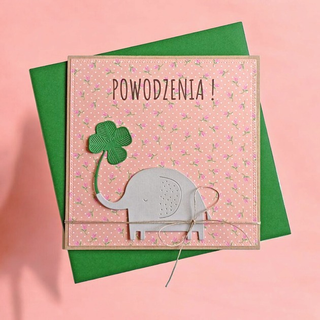 kartki scrapbooking POWODZENIA - urocza, uniwersalna kartka - słonik, koniczynka