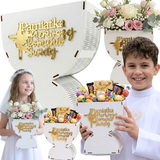 komunia - pozostałe Pudełko Drewniane Kielich Box na Słodycze Kwiaty FlowerBox Pamiątka Komunii
