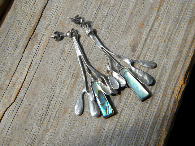 kolczyki wire wrapping Muszla paua -  gałązki  - kolczyki