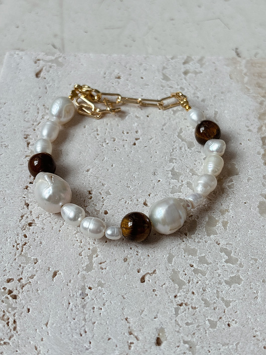 bransoletki - inne Bransoletka Perły naturalne i Tygrysie oko