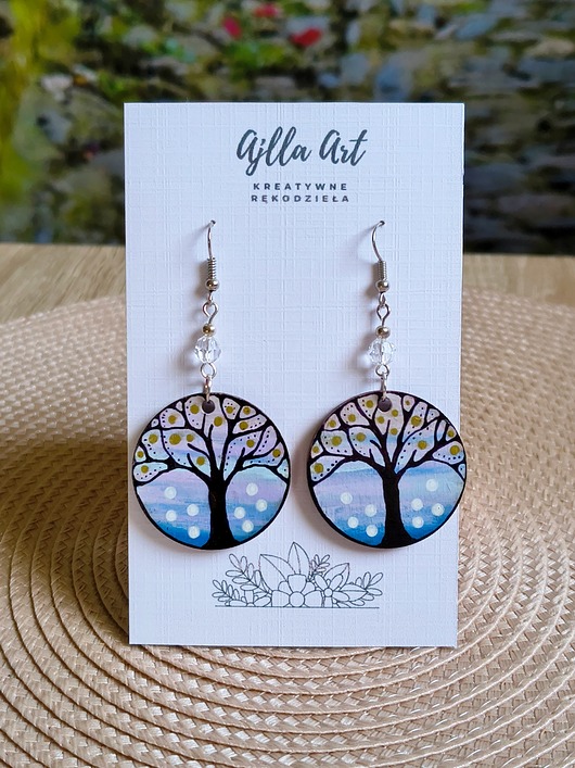 kolczyki drewniane Magia drzew, kolczyki ręcznie malowane