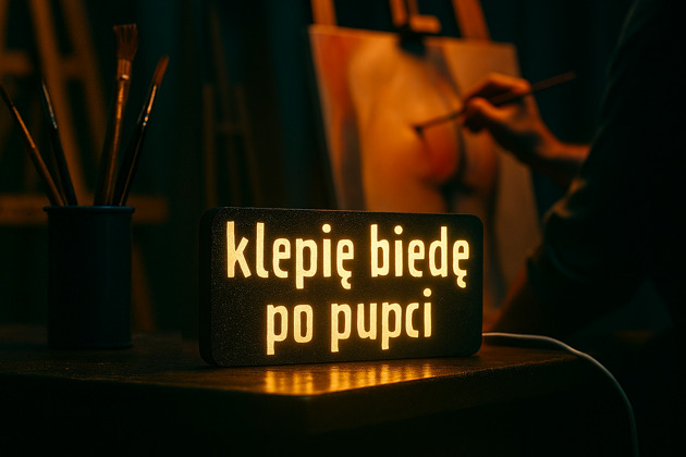 dekoracje świetlne Lampa z napisem KLEPIĘ BIEDĘ PO PUPCI