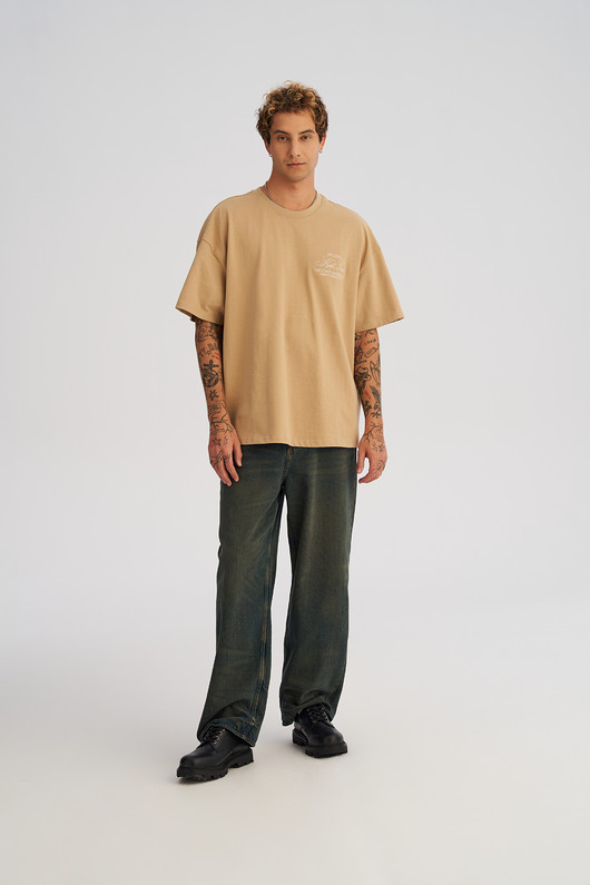 t-shirty męskie Koszulka męska BOXY FIT z ciężkiej bawełny beżowa