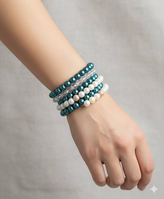 bransoletki ze szkła 6205 wielorzędowa bransoletka; kremowa, zielona bransoletka