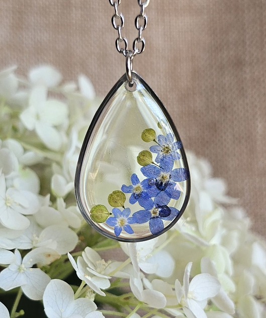 wisiory Srebrny wisiorek prawdziwe kwiaty zawieszka łezka niezapominajki