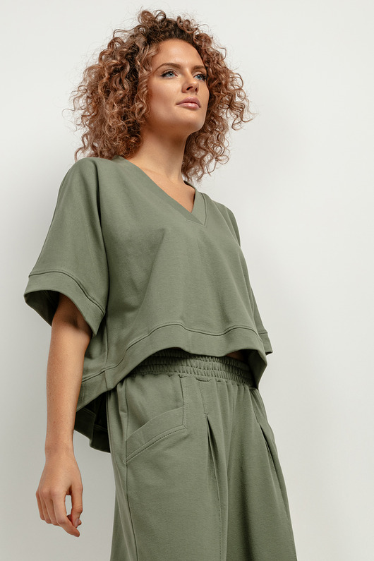 bluzki kimonowe damskie Bluza kimono z dekoltem V, T416, zielony