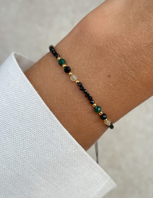 bransoletki z kamieni naturalnych Bransoletka na nici z czarnym turmalinem, malachitem i cytrynem - ochrona i d