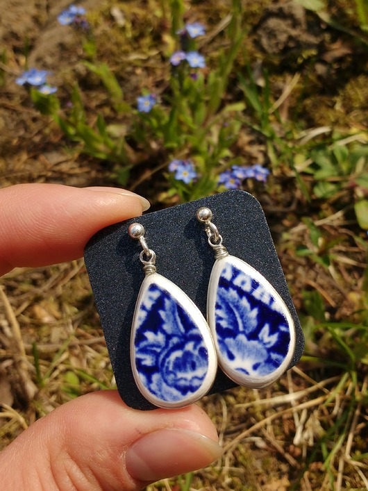 Kolczyki ceramiczne kobaltowe biżuteria z talerzy