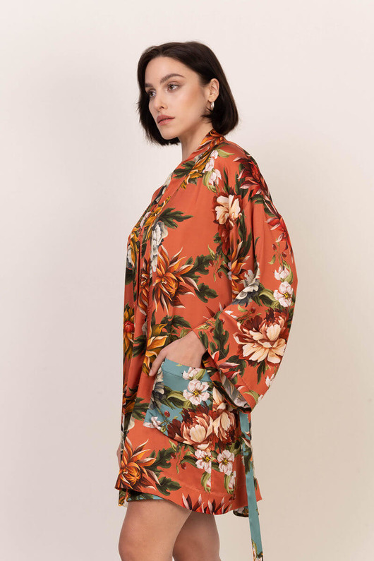 szlafroki damskie Krótki PENIUAR Satynowy - miedź