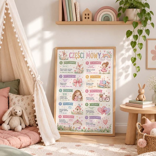 obrazy i plakaty do pokoju dziecięcego Plakat edukacyjny CZĘSCI MOWY dla dziewczynki
