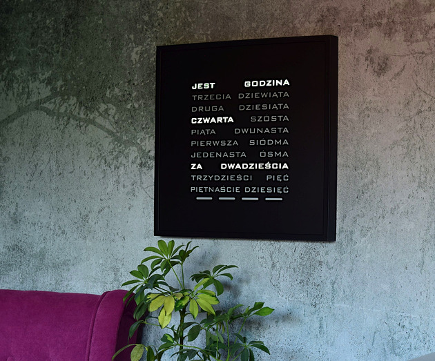 zegary Word Clock - polski zegar słowny (czarna ramka)