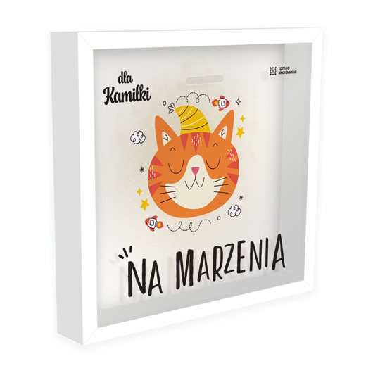 ramki na zdjęcia Ramka Skarbonka - Na marzenia - rudy kotek - z imieniem dziecka