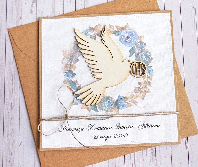 kartki na komunię Kartka, PERSONALIZACJA :: I Komunia Święta : gołąb IHS niebieska.