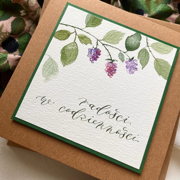 kartki scrapbooking Kartka ręcznie malowana i kaligrafowana z jeżynami