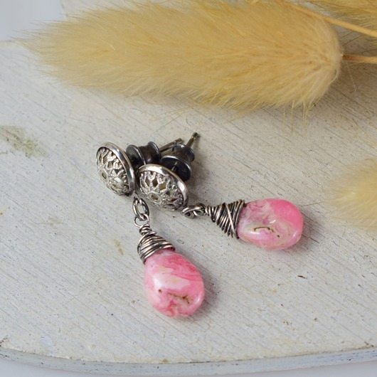 kolczyki z kamieniami Rodochrozyt krople - srebrne kolczyki