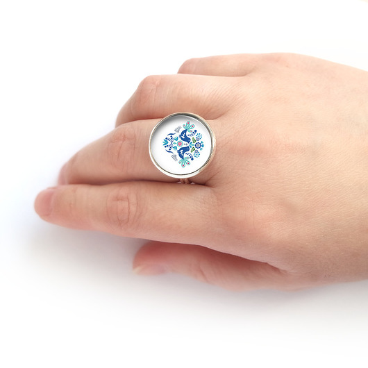 pierścionek z żywicy Pierścionek - Ptaszki folkowe, blue