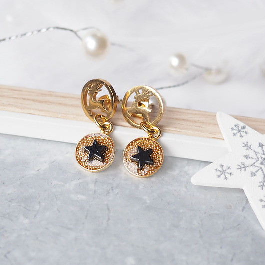 kolczyki z żywicy ŚWIĄTECZNE KOLCZYKI z reniferami i gwiazdkami, srebro pozłacane