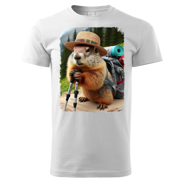 t-shirty męskie Tatra Art i świstak na górskim szlaku z plecakiem i kapeluszem męska koszulka