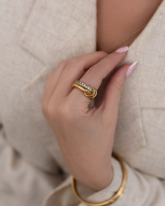 pierścionki złote Złoty podwójny pierścionek z cyrkoniami ze stali szlachetnej premium Paraiso