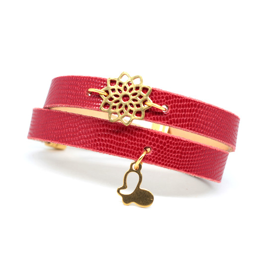 Bransoletka skórzana czerwona z rozetką Kociokwik Jewelry