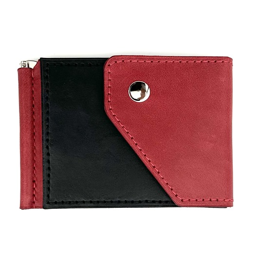 portfele damskie Czerwono-czarny portfel na klips skórzany ręcznie uszyty.