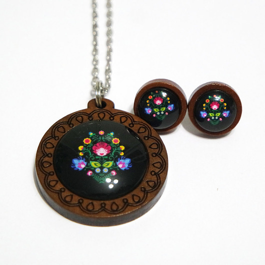 komplet biżuterii Komplet - Folkowy czarny - drewno, naszyjnik i kolczyki