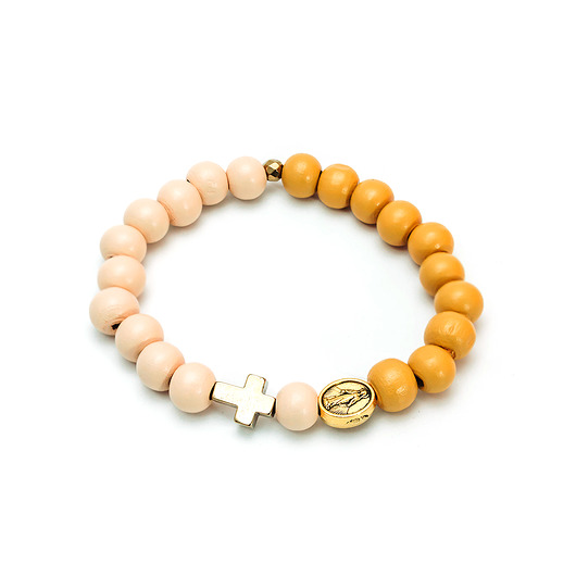 bransoletki drewniane Beżowo żółta bransoletka z krzyżykiem, różaniec na rękę, drewno