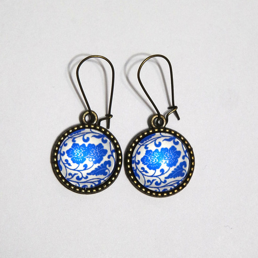 kolczyki szklane Kolczyki - Kafelki, kwiaty - wiszące, brąz