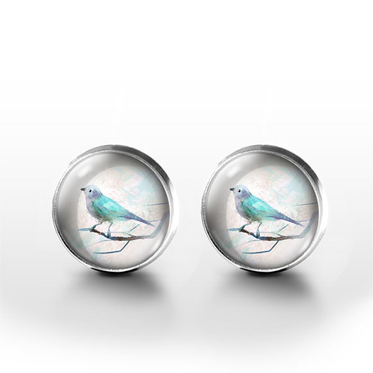 kolczyki szklane Kolczyki sztyfty - Ptaszek turkusowy - grafika