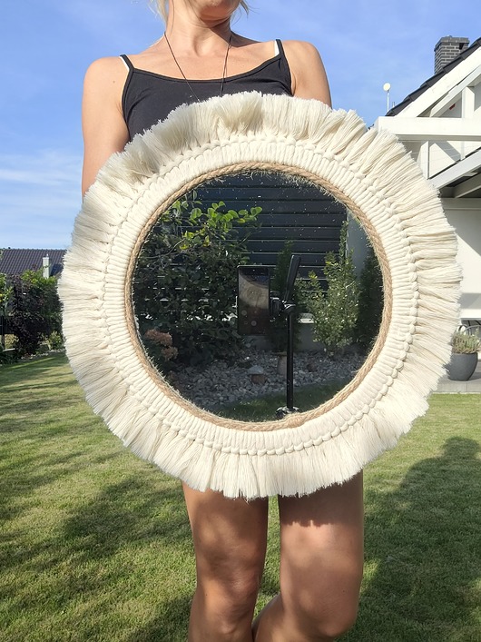 lustra stojące i wiszące Lustro boho ścienne makrama, 45 cm, okrągłe lustro wiszące