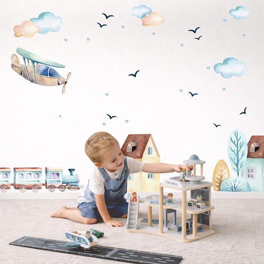 naklejki ścienne do pokoju dziecka Ciuchcia i samolot 