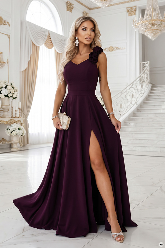 sukienki maxi damskie 643-11 Elegancka wieczorowa suknia maxi z rozcięciem i różami - śliwka