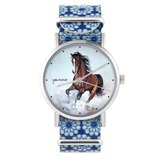 zegarki damskie Zegarek - Brązowy koń - niebieski, kwiaty