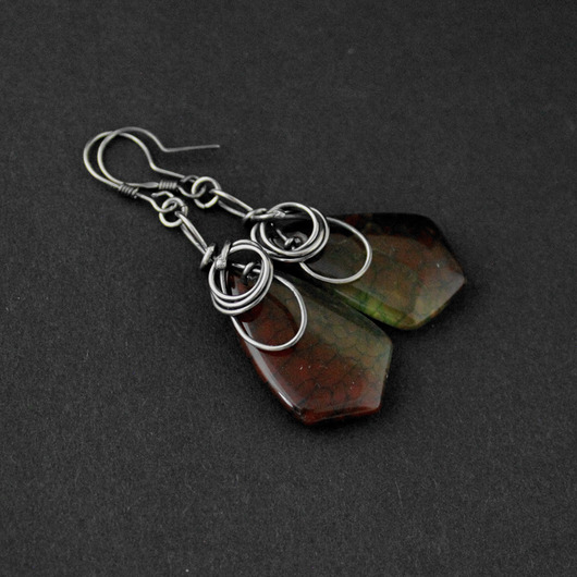kolczyki wire wrapping Irsana - długie i delikatne kolczyki z agatami, wire-wrapping