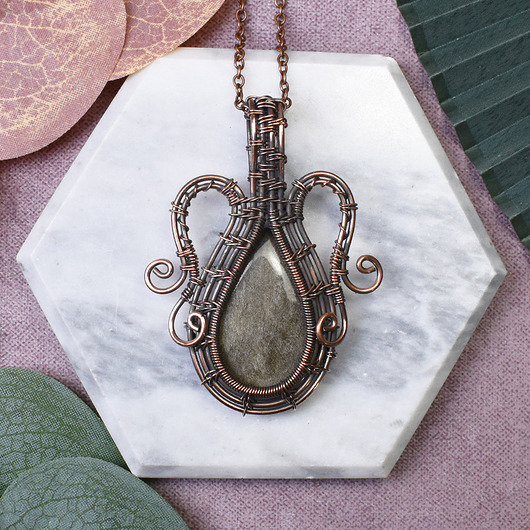 wisiory Miedziany wisiorek wire wrapping z obsydianem #464
