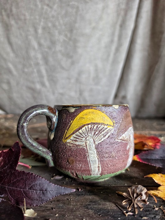 kubki Kubek grzybowy, Grzyb kubek dla grzybiarza, kubek sgraffito mushroom