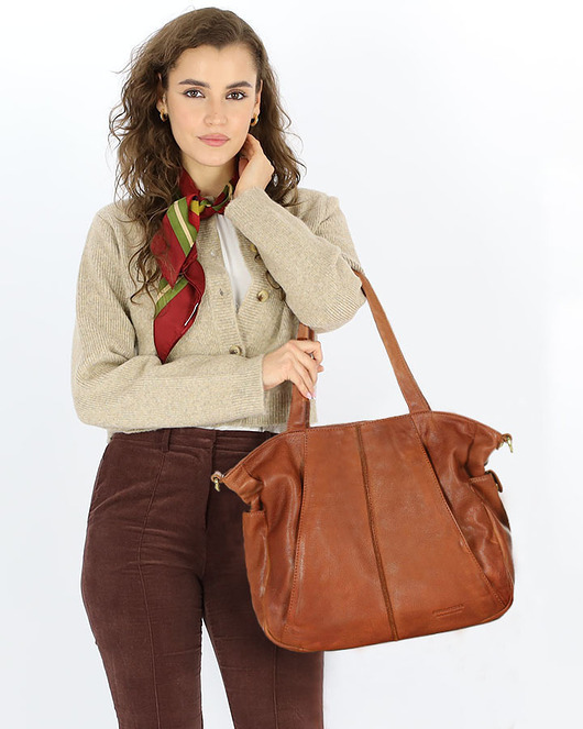 torby na ramię Miękka torebka skórzana shopperka na ramię -brąz camel