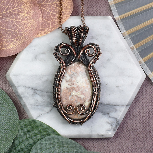 wisiory Miedziany wisiorek wire wrapping z agatem crazy lace #542