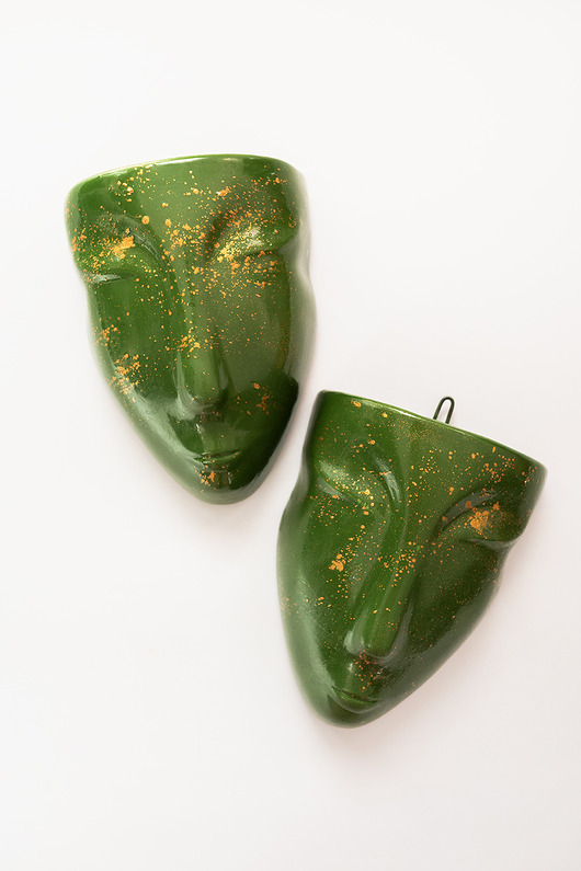 Ozdoby na ścianę Doniczka głowa na ścianę zielona ze złotem