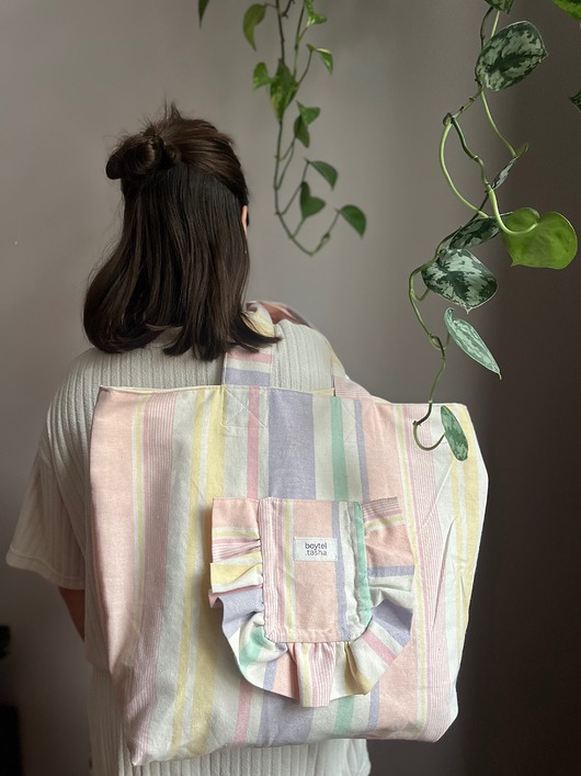 torby na ramię Pastelowa Dwustronna Torba w Paski z Falbanką