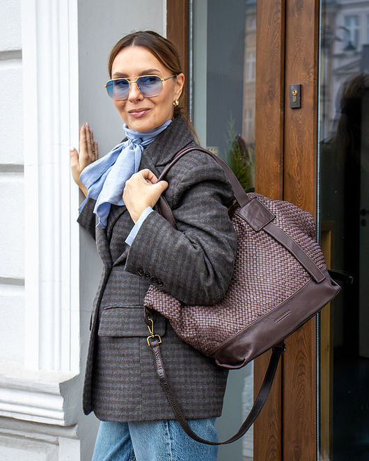 torby na ramię Ciemnobrązowa torebka pleciona shopper A4 z miękkiej włoskiej