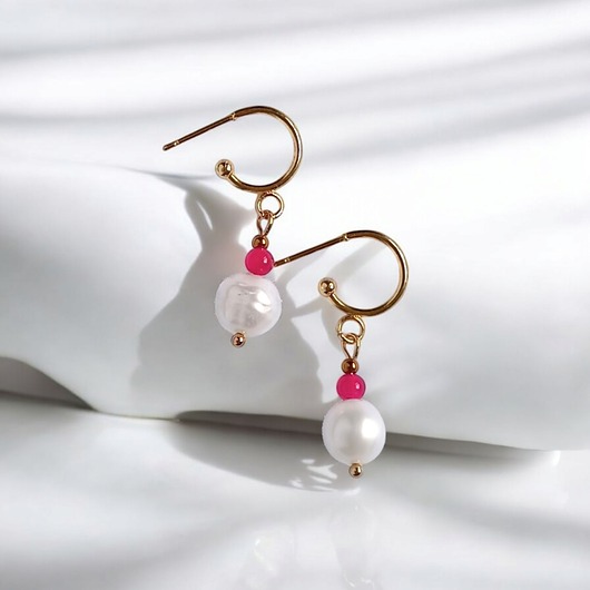 kolczyki z kamieniami Kolczyki FUCHSIA & PEARL collection: perła i agat : sztyfty-kółka