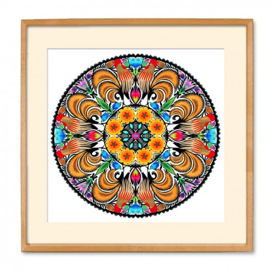 KOGUTY pszeniczne (mandala w brzozowej ramie) na ludowo