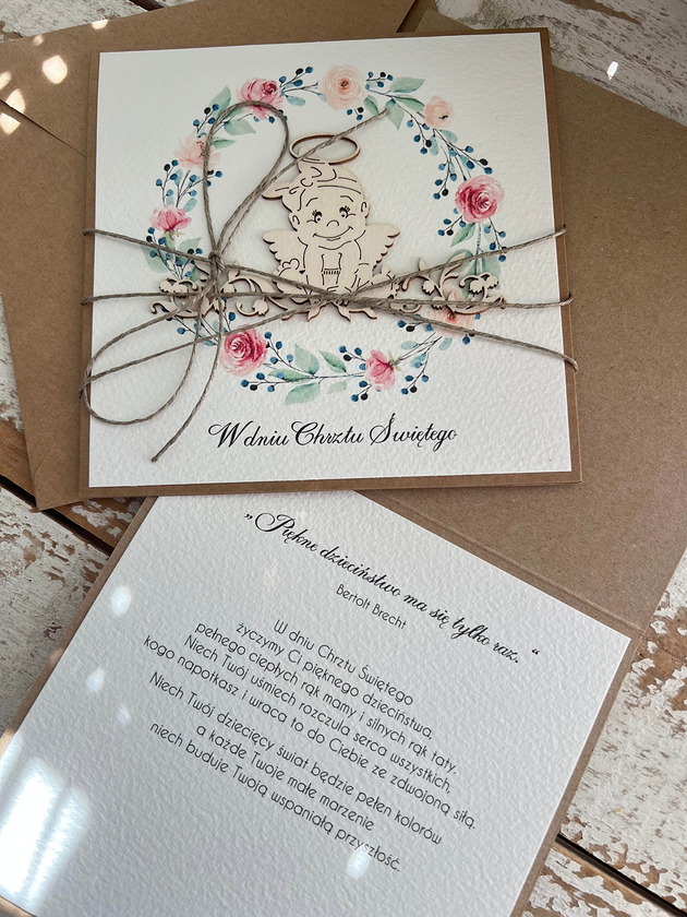 kartki, zaproszenia na chrzest Wyjątkowa ręcznie robiona kartka na chrzest od matki chrzestnej