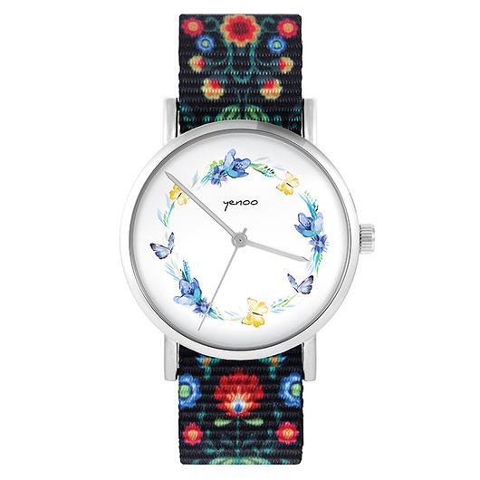zegarki damskie Zegarek - Wianek, motyle - folk czarny, nato