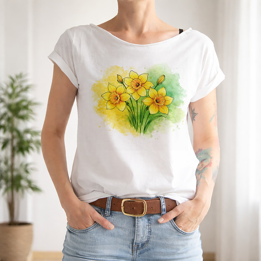 t-shirt damskie Trzy żonkile w akwareli Biały Oversize