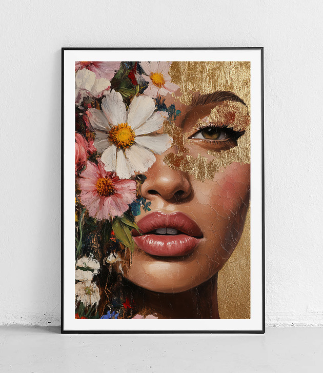 plakaty Plakat Złota twarz i kwiaty