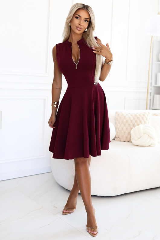 sukienki midi damskie 573-4 Ekskluzywna sukienka z rozkloszowanym dołem i zamkiem - bordowa